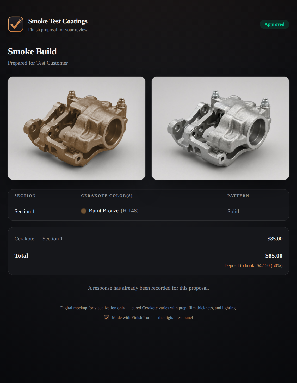 The customer approval page with mockups, spec, and pricing